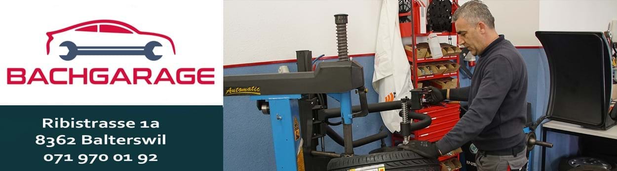 Pneuservice - Bachgarage Service rund um Ihr Auto. Ribistrasse 1a. 8362 Balterswil TG. 071 970 01 92. Die Bachgarage ist Ihre zuverlässige, markenunabhängige Autogarage für Service, Wartung und Reparaturen rund um Ihr Fahrzeug. Unser erfahrenes Team sorgt dafür, dass Ihr Auto sicher, zuverlässig und in bestem Zustand bleibt – ganz gleich, welche Marke Sie fahren.