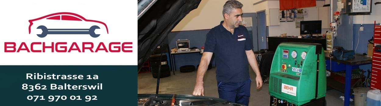 Klimaservice - Bachgarage Service rund um Ihr Auto. Ribistrasse 1a. 8362 Balterswil TG. 071 970 01 92. Die Bachgarage ist Ihre zuverlässige, markenunabhängige Autogarage für Service, Wartung und Reparaturen rund um Ihr Fahrzeug. Unser erfahrenes Team sorgt dafür, dass Ihr Auto sicher, zuverlässig und in bestem Zustand bleibt – ganz gleich, welche Marke Sie fahren.